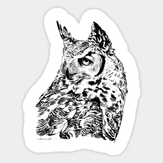 Great Horned Owl Portrait Black and White Sticker by RebeccaLatham